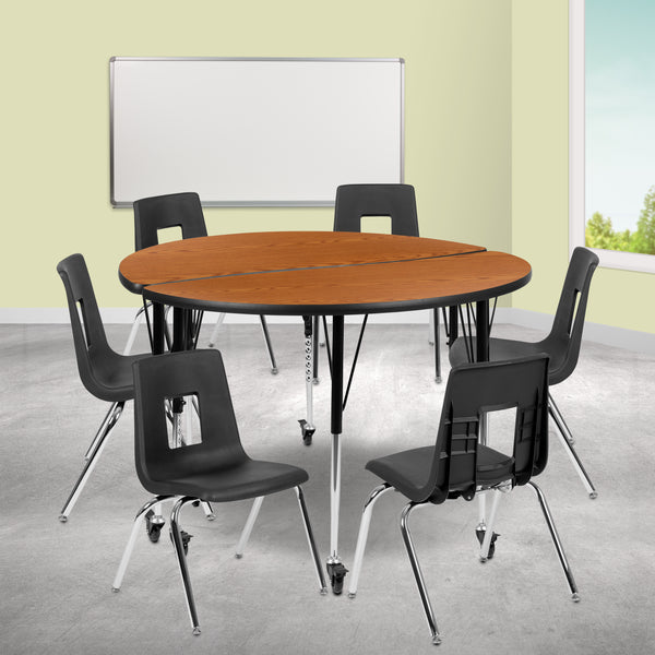 Mobile 47.5" Circle Wave Flexible Laminate Activity Table Set with 18" Student Stack Chairs, Oak/Black