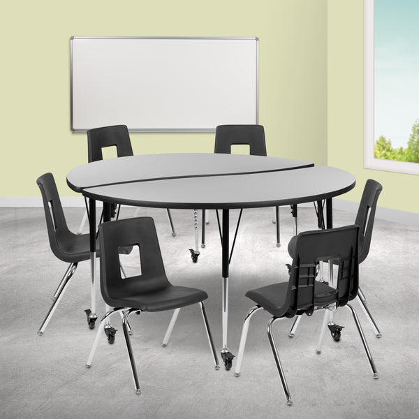 Mobile 60" Circle Wave Flexible Laminate Activity Table Set with 18" Student Stack Chairs, Grey/Black