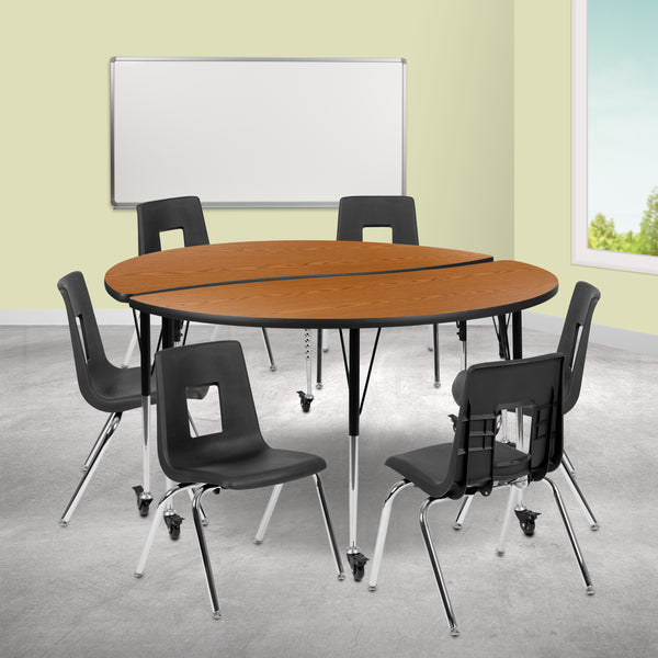 Mobile 60" Circle Wave Flexible Laminate Activity Table Set with 18" Student Stack Chairs, Oak/Black