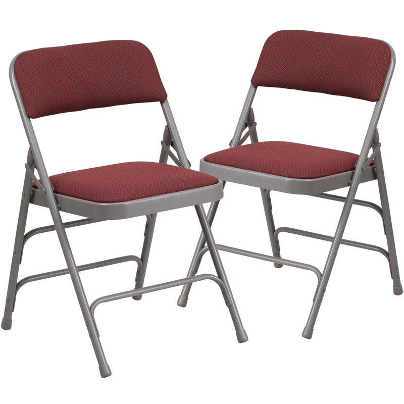 2 Pack SINGLEWAVE Series Curved Triple Braced & Double Hinged Burgundy Patterned Fabric Metal Folding Chair