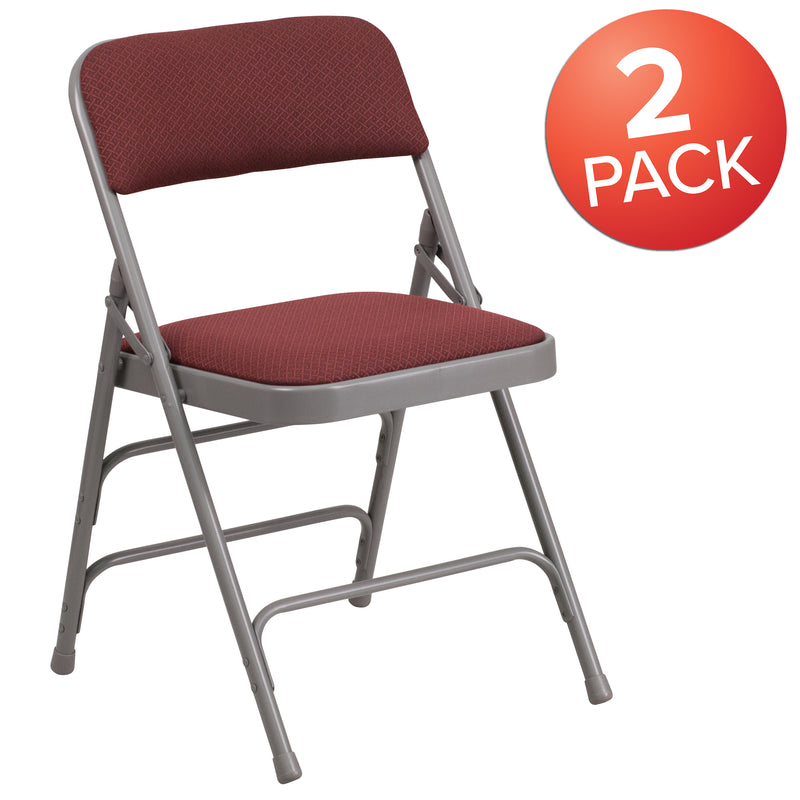 2 Pack SINGLEWAVE Series Curved Triple Braced & Double Hinged Burgundy Patterned Fabric Metal Folding Chair