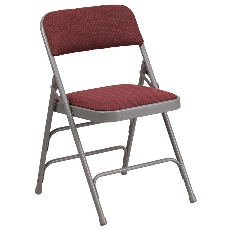 2 Pack SINGLEWAVE Series Curved Triple Braced & Double Hinged Burgundy Patterned Fabric Metal Folding Chair