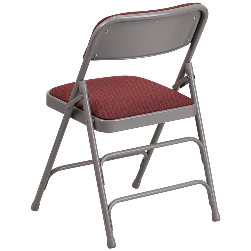 2 Pack SINGLEWAVE Series Curved Triple Braced & Double Hinged Burgundy Patterned Fabric Metal Folding Chair