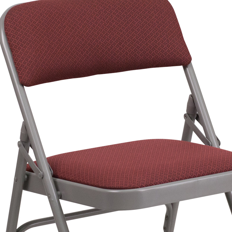 2 Pack SINGLEWAVE Series Curved Triple Braced & Double Hinged Burgundy Patterned Fabric Metal Folding Chair