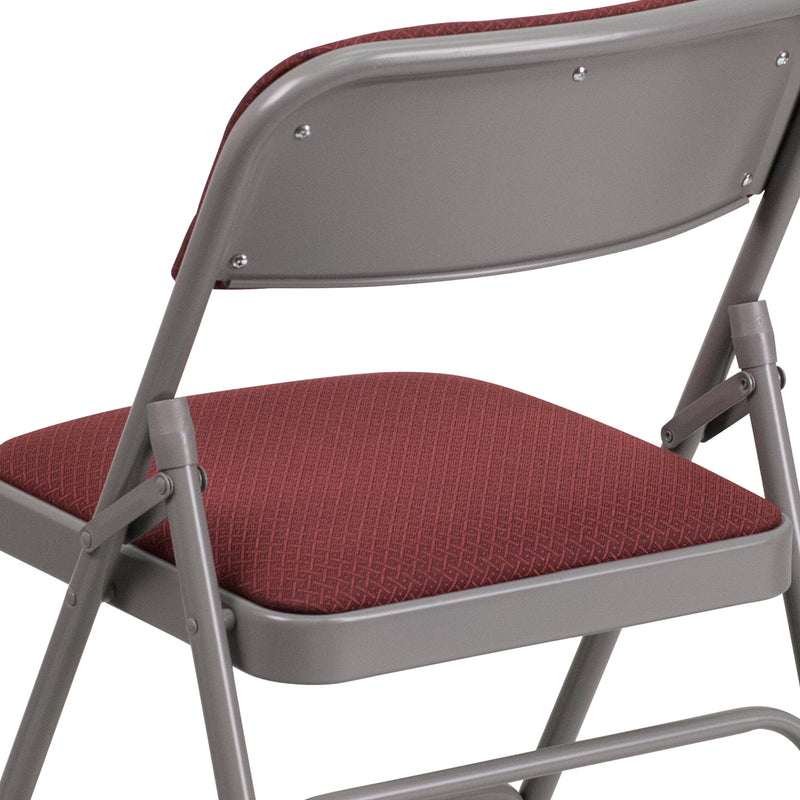 2 Pack SINGLEWAVE Series Curved Triple Braced & Double Hinged Burgundy Patterned Fabric Metal Folding Chair