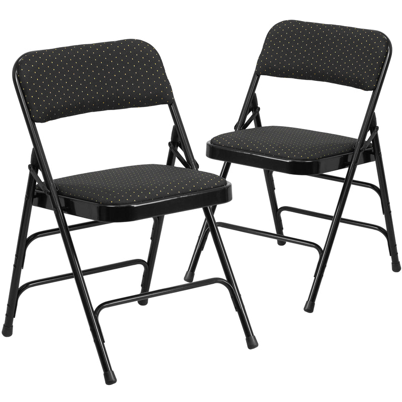 2 Pack SINGLEWAVE Series Curved Triple Braced & Double Hinged Black Patterned Fabric Metal Folding Chair