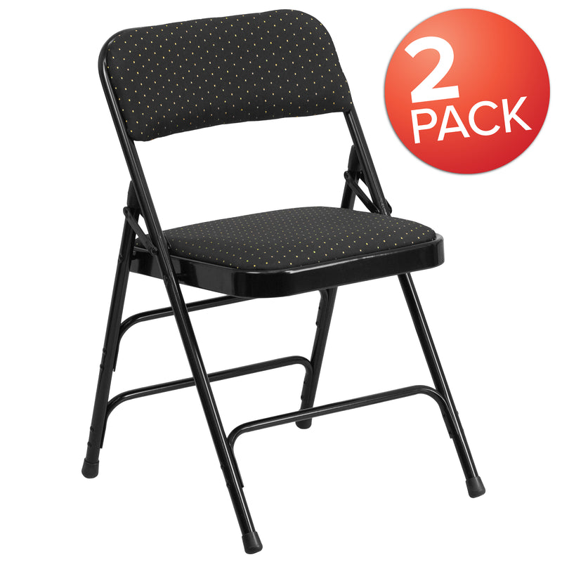 2 Pack SINGLEWAVE Series Curved Triple Braced & Double Hinged Black Patterned Fabric Metal Folding Chair