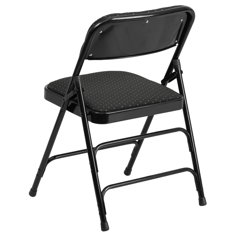 2 Pack SINGLEWAVE Series Curved Triple Braced & Double Hinged Black Patterned Fabric Metal Folding Chair