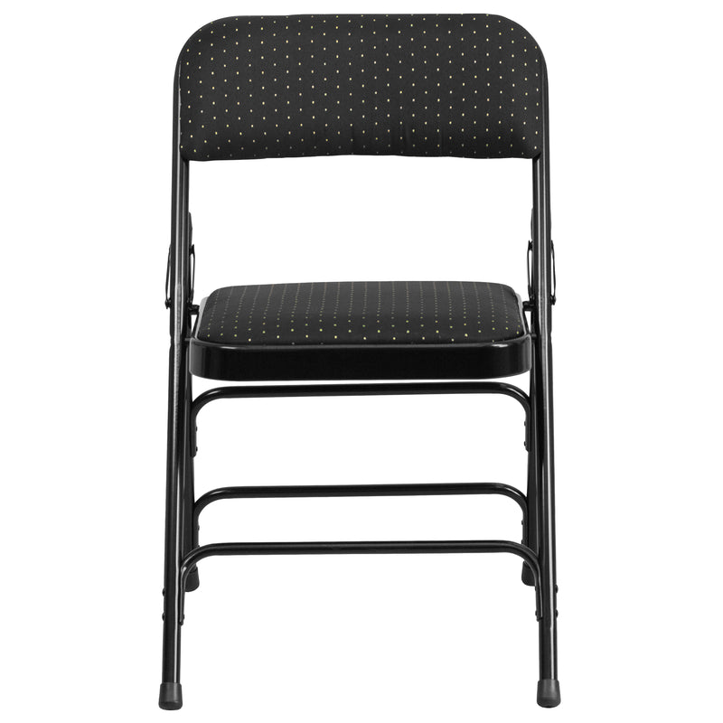 2 Pack SINGLEWAVE Series Curved Triple Braced & Double Hinged Black Patterned Fabric Metal Folding Chair