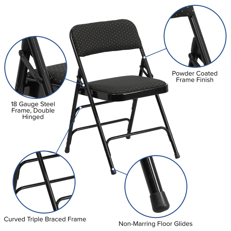 2 Pack SINGLEWAVE Series Curved Triple Braced & Double Hinged Black Patterned Fabric Metal Folding Chair