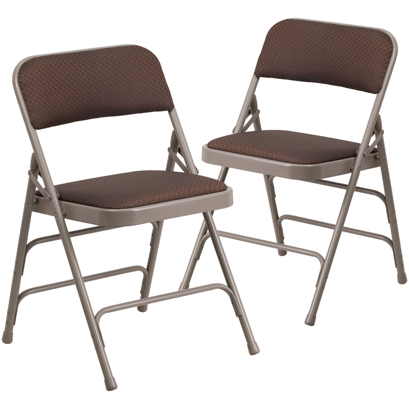 2 Pack SINGLEWAVE Series Curved Triple Braced & Double Hinged Brown Patterned Fabric Metal Folding Chair