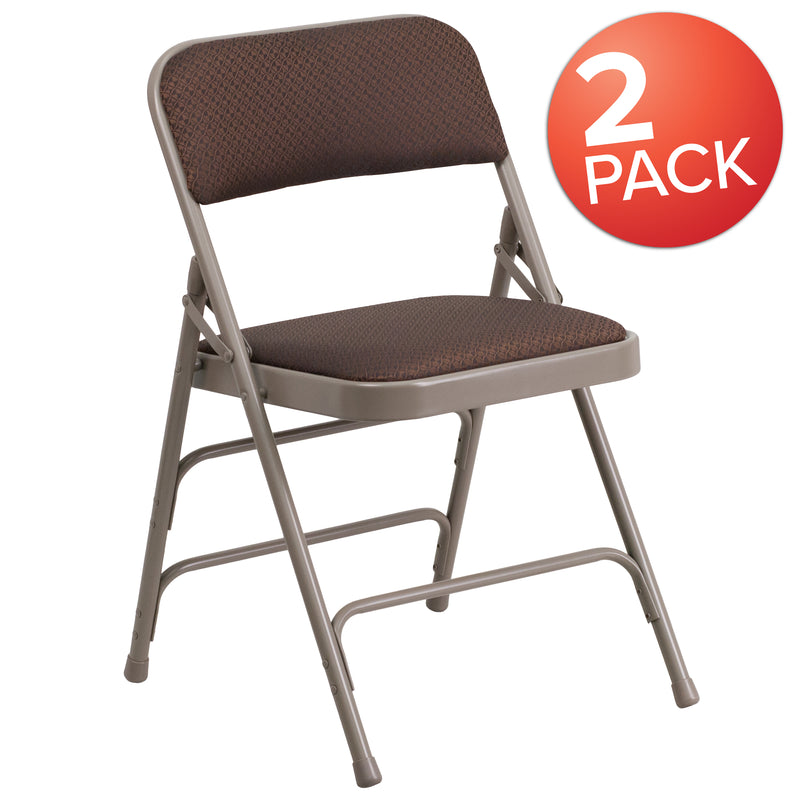 2 Pack SINGLEWAVE Series Curved Triple Braced & Double Hinged Brown Patterned Fabric Metal Folding Chair