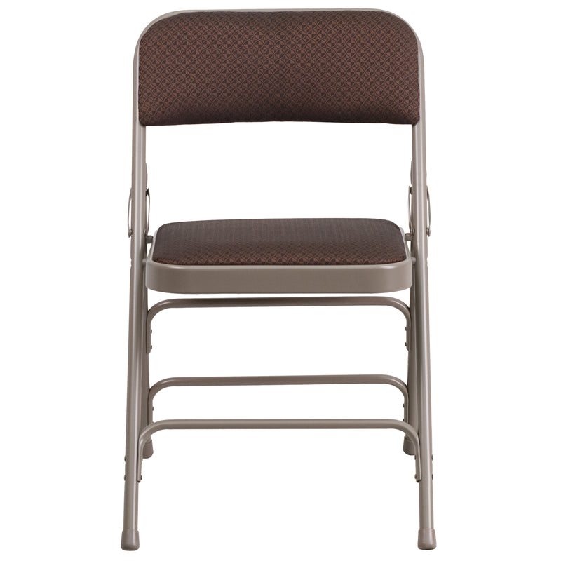 2 Pack SINGLEWAVE Series Curved Triple Braced & Double Hinged Brown Patterned Fabric Metal Folding Chair