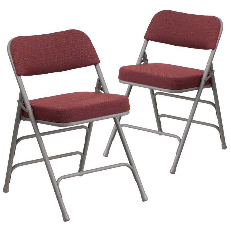 2 Pack SINGLEWAVE Series Premium Curved Triple Braced & Double Hinged Burgundy Fabric Metal Folding Chair