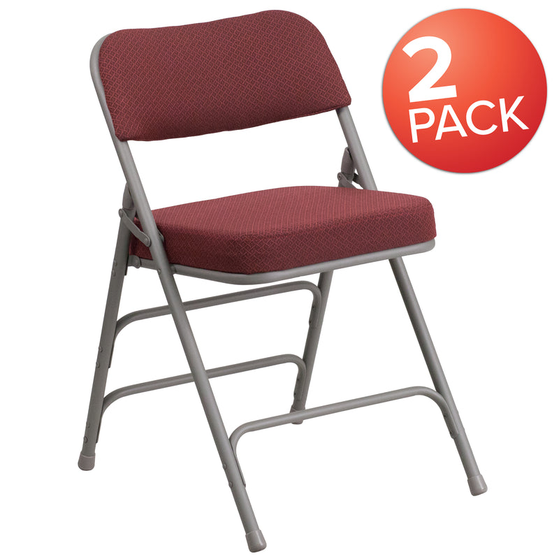 2 Pack SINGLEWAVE Series Premium Curved Triple Braced & Double Hinged Burgundy Fabric Metal Folding Chair