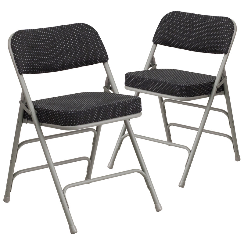 2 Pack SINGLEWAVE Series Premium Curved Triple Braced & Double Hinged Black Pin-Dot Fabric Metal Folding Chair