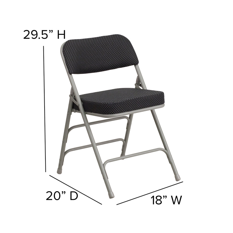 2 Pack SINGLEWAVE Series Premium Curved Triple Braced & Double Hinged Black Pin-Dot Fabric Metal Folding Chair