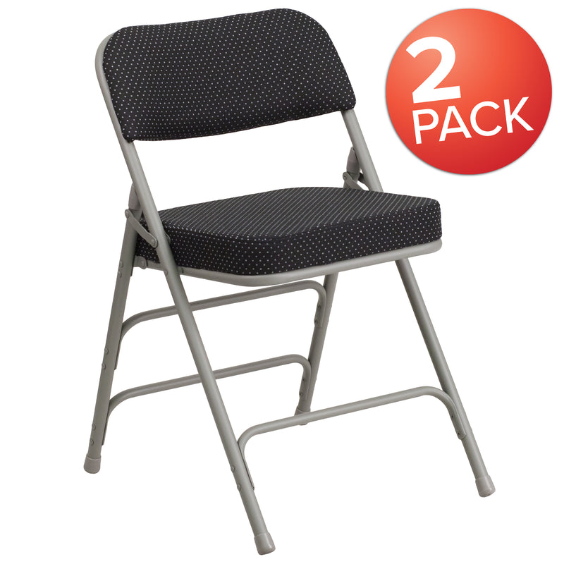 2 Pack SINGLEWAVE Series Premium Curved Triple Braced & Double Hinged Black Pin-Dot Fabric Metal Folding Chair