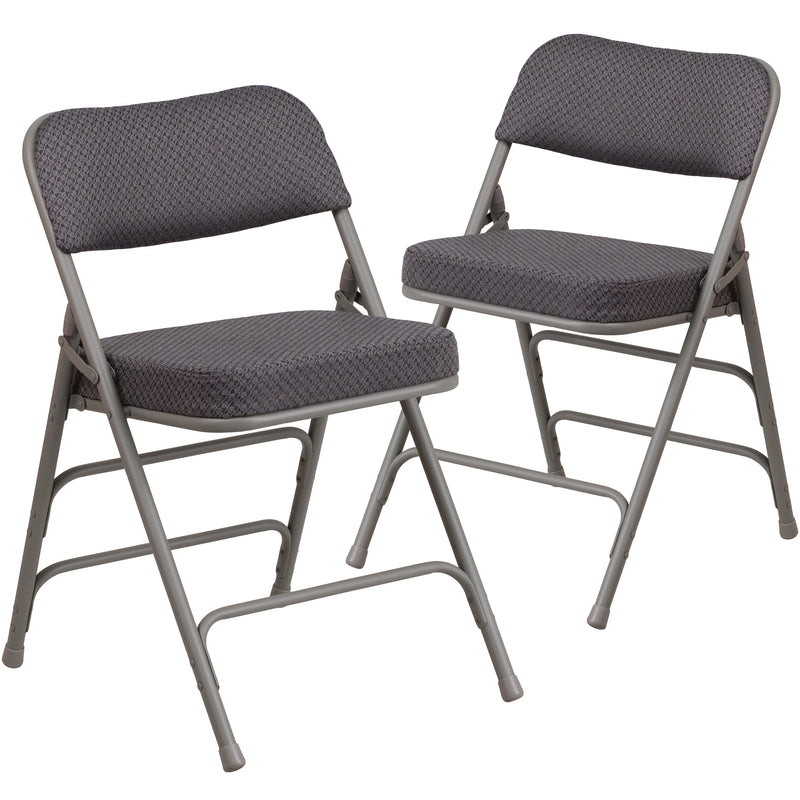 2 Pack SINGLEWAVE Series Premium Curved Triple Braced & Double Hinged Gray Fabric Metal Folding Chair