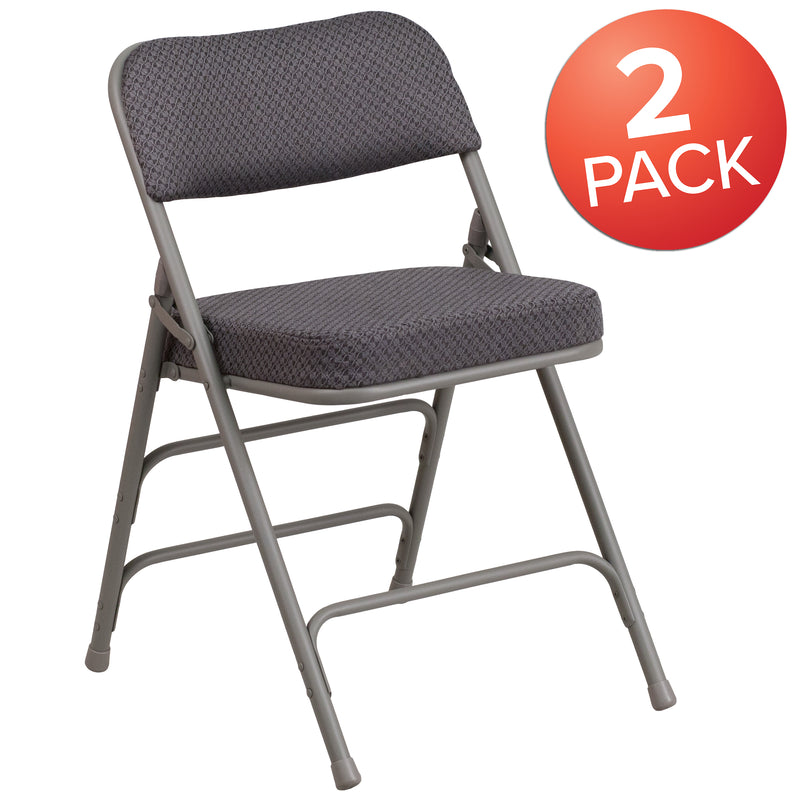 2 Pack SINGLEWAVE Series Premium Curved Triple Braced & Double Hinged Gray Fabric Metal Folding Chair