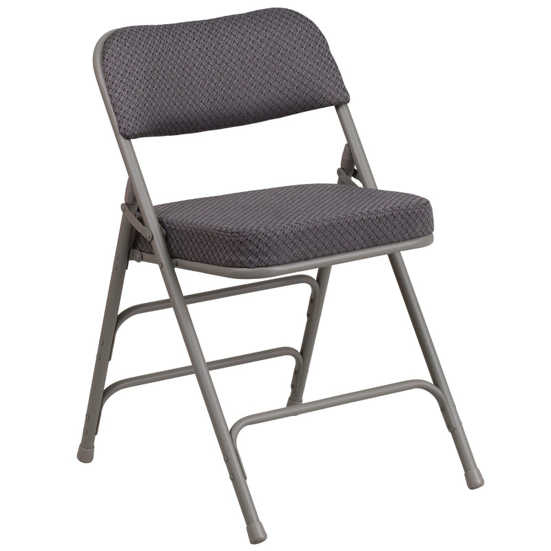 2 Pack SINGLEWAVE Series Premium Curved Triple Braced & Double Hinged Gray Fabric Metal Folding Chair