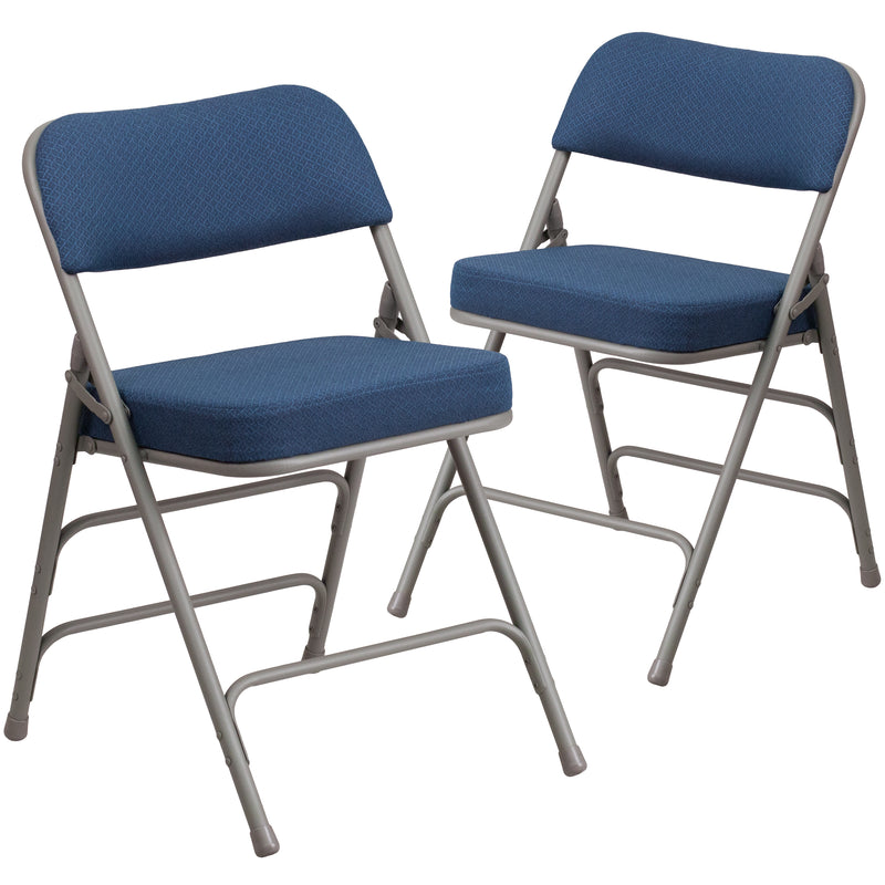 2 Pack SINGLEWAVE Series Premium Curved Triple Braced & Double Hinged Navy Fabric Metal Folding Chair