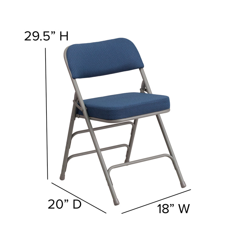 2 Pack SINGLEWAVE Series Premium Curved Triple Braced & Double Hinged Navy Fabric Metal Folding Chair