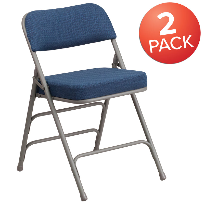 2 Pack SINGLEWAVE Series Premium Curved Triple Braced & Double Hinged Navy Fabric Metal Folding Chair