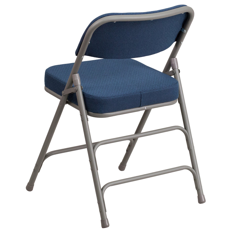 2 Pack SINGLEWAVE Series Premium Curved Triple Braced & Double Hinged Navy Fabric Metal Folding Chair