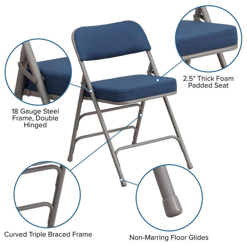 2 Pack SINGLEWAVE Series Premium Curved Triple Braced & Double Hinged Navy Fabric Metal Folding Chair