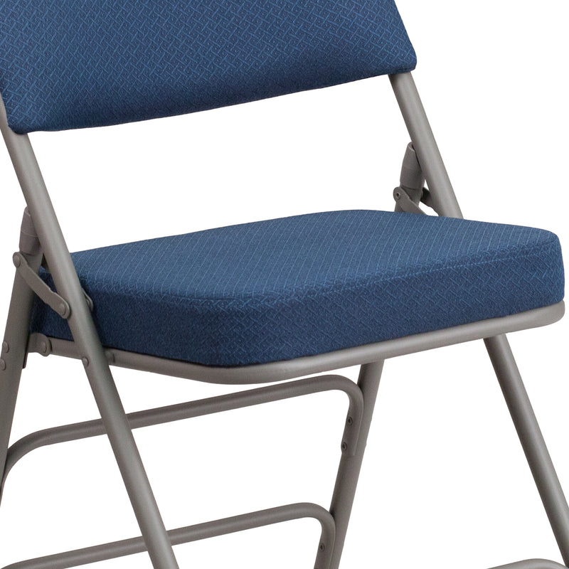 2 Pack SINGLEWAVE Series Premium Curved Triple Braced & Double Hinged Navy Fabric Metal Folding Chair