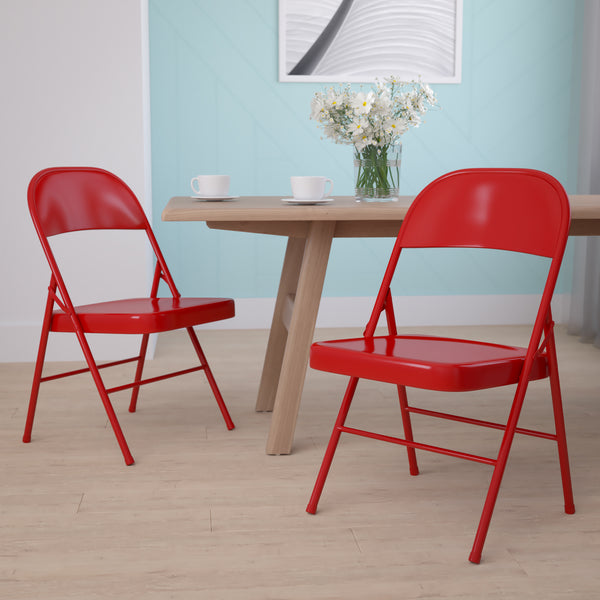 2 Pack SINGLEWAVE Series Double Braced Red Metal Folding Chair