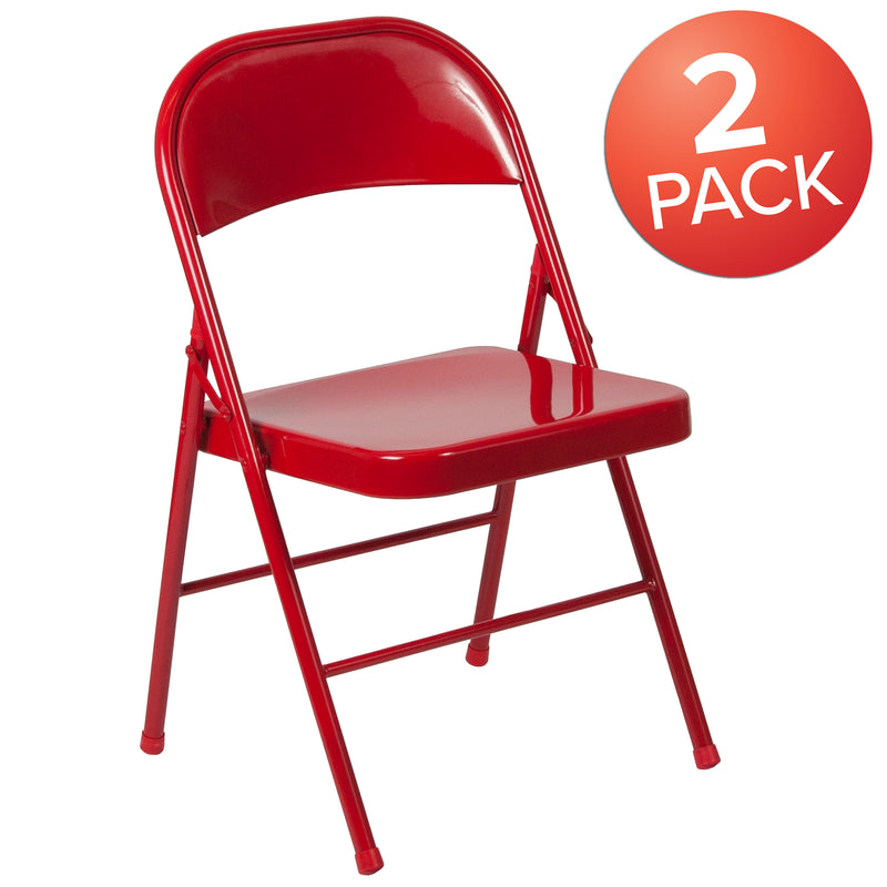 2 Pack SINGLEWAVE Series Double Braced Red Metal Folding Chair