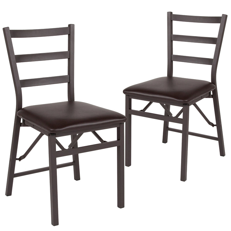 2 Pack SINGLEWAVE Series Brown Folding Ladder Back Metal Chair with Brown Vinyl Seat