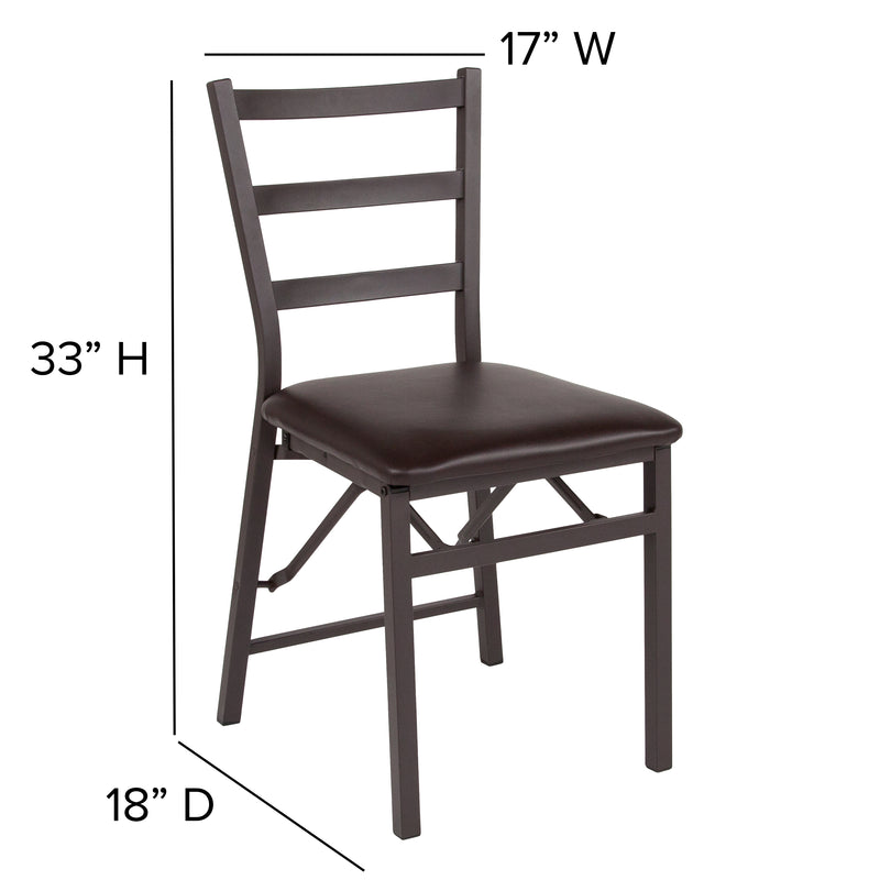 2 Pack SINGLEWAVE Series Brown Folding Ladder Back Metal Chair with Brown Vinyl Seat