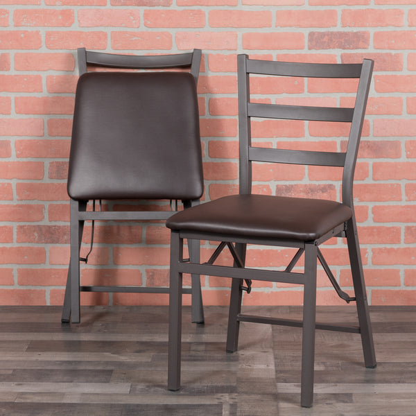 2 Pack SINGLEWAVE Series Brown Folding Ladder Back Metal Chair with Brown Vinyl Seat