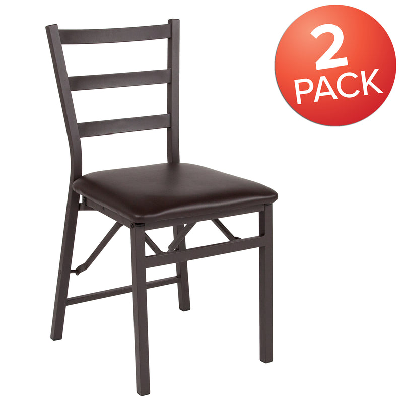 2 Pack SINGLEWAVE Series Brown Folding Ladder Back Metal Chair with Brown Vinyl Seat