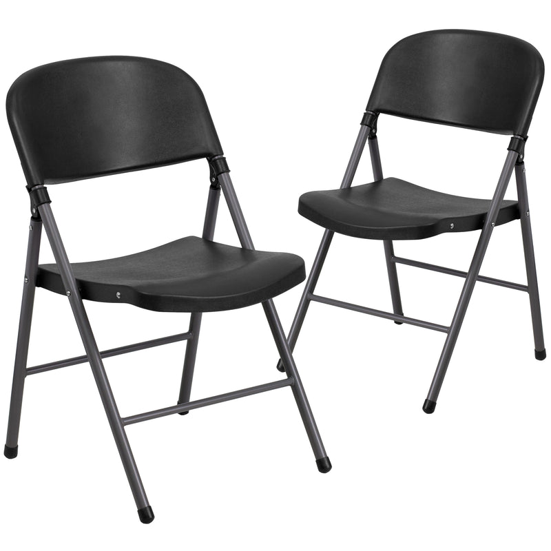 2 Pack SINGLEWAVE Series 330 lb. Capacity Black Plastic Folding Chair with Charcoal Frame