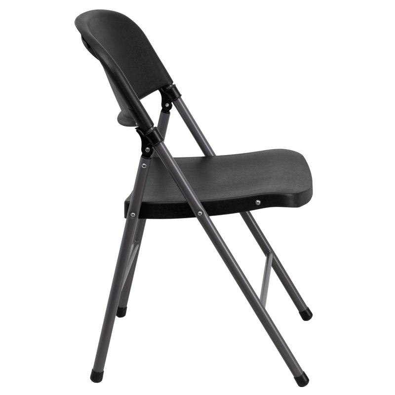 2 Pack SINGLEWAVE Series 330 lb. Capacity Black Plastic Folding Chair with Charcoal Frame