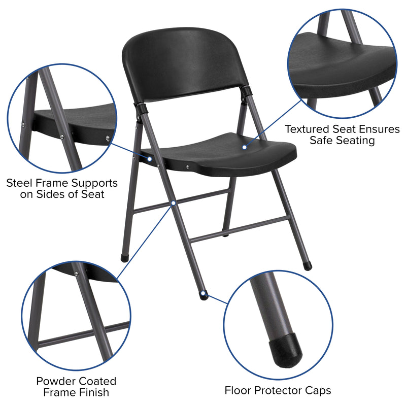 2 Pack SINGLEWAVE Series 330 lb. Capacity Black Plastic Folding Chair with Charcoal Frame