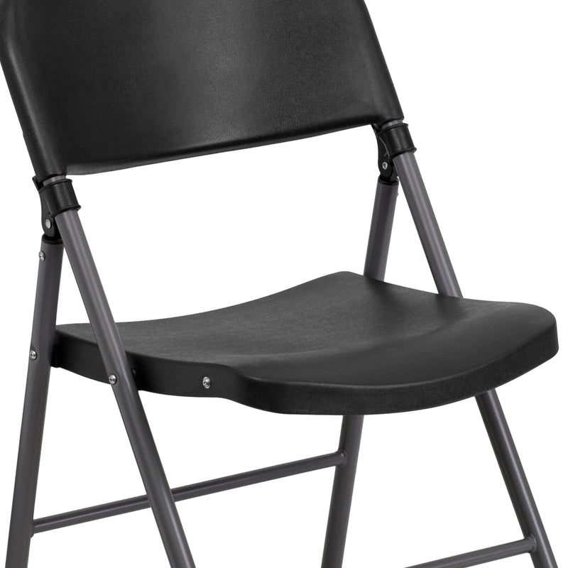 2 Pack SINGLEWAVE Series 330 lb. Capacity Black Plastic Folding Chair with Charcoal Frame