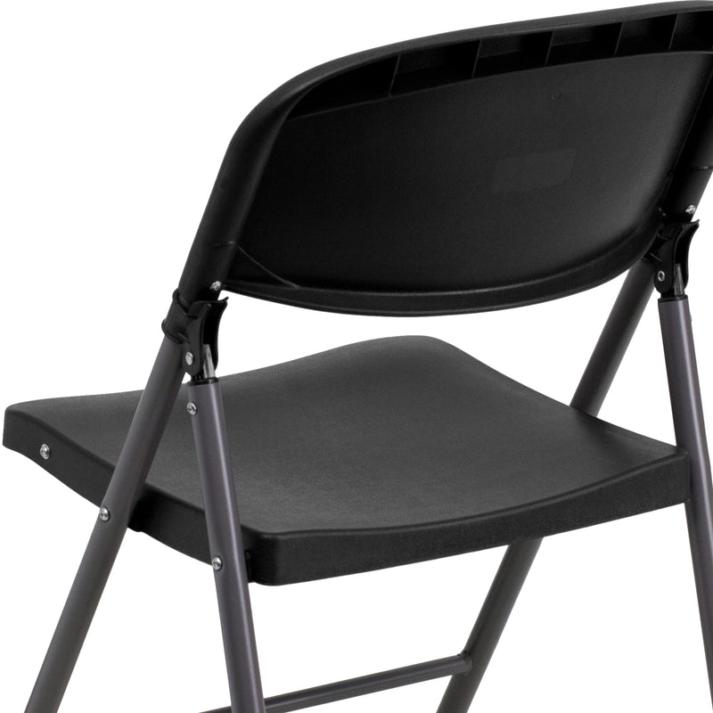 2 Pack SINGLEWAVE Series 330 lb. Capacity Black Plastic Folding Chair with Charcoal Frame