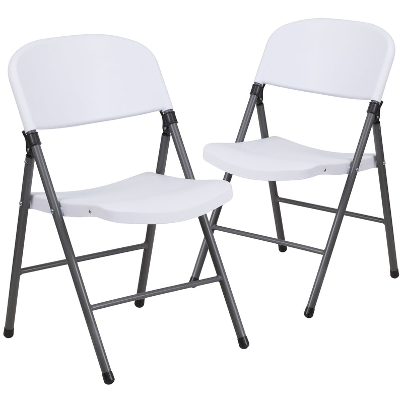 2 Pack SINGLEWAVE Series 330 lb. Capacity Granite White Plastic Folding Chair with Charcoal Frame