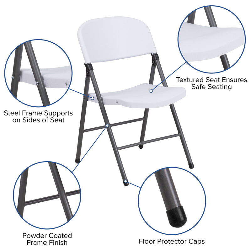 2 Pack SINGLEWAVE Series 330 lb. Capacity Granite White Plastic Folding Chair with Charcoal Frame