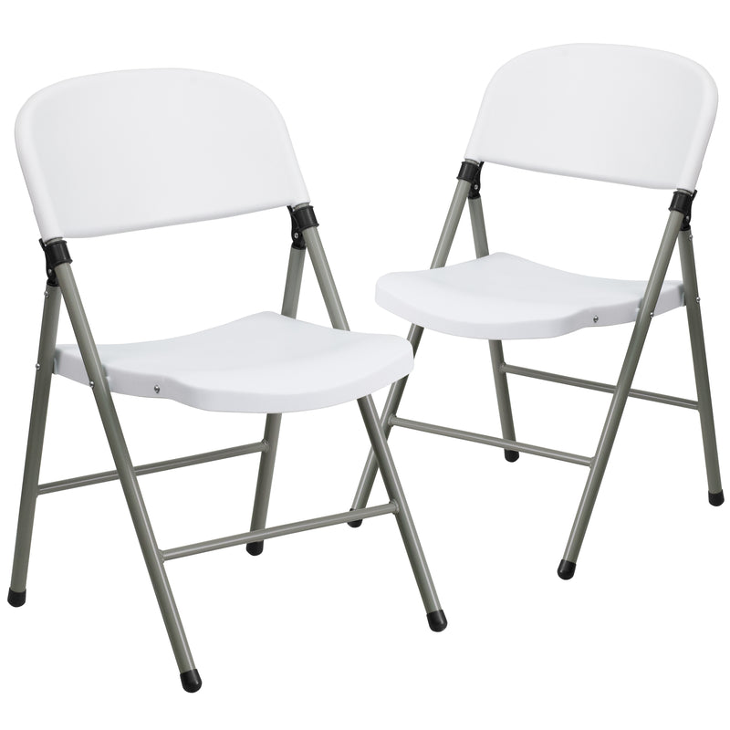 SINGLEWAVE Series White Plastic Folding Chairs | Set of 2 Lightweight Folding Chairs with Gray Frame