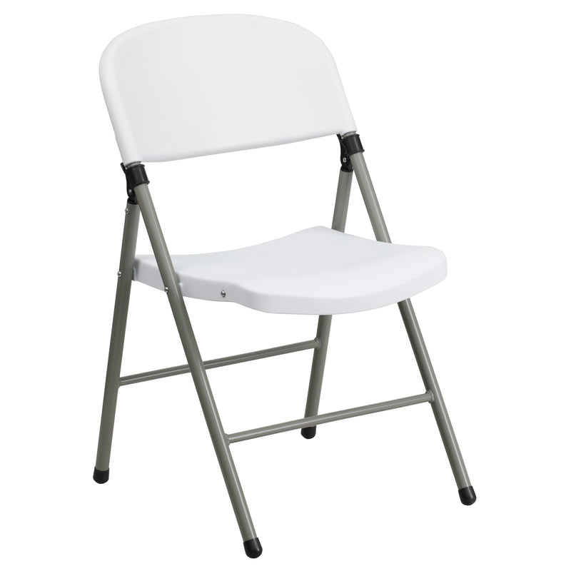 SINGLEWAVE Series White Plastic Folding Chairs | Set of 2 Lightweight Folding Chairs with Gray Frame