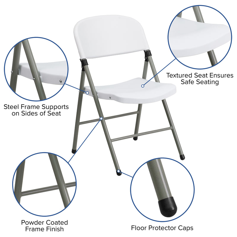 SINGLEWAVE Series White Plastic Folding Chairs | Set of 2 Lightweight Folding Chairs with Gray Frame