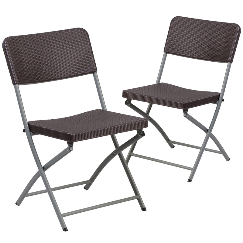 2 Pack SINGLEWAVE Series Brown Rattan Plastic Folding Chair with Gray Frame