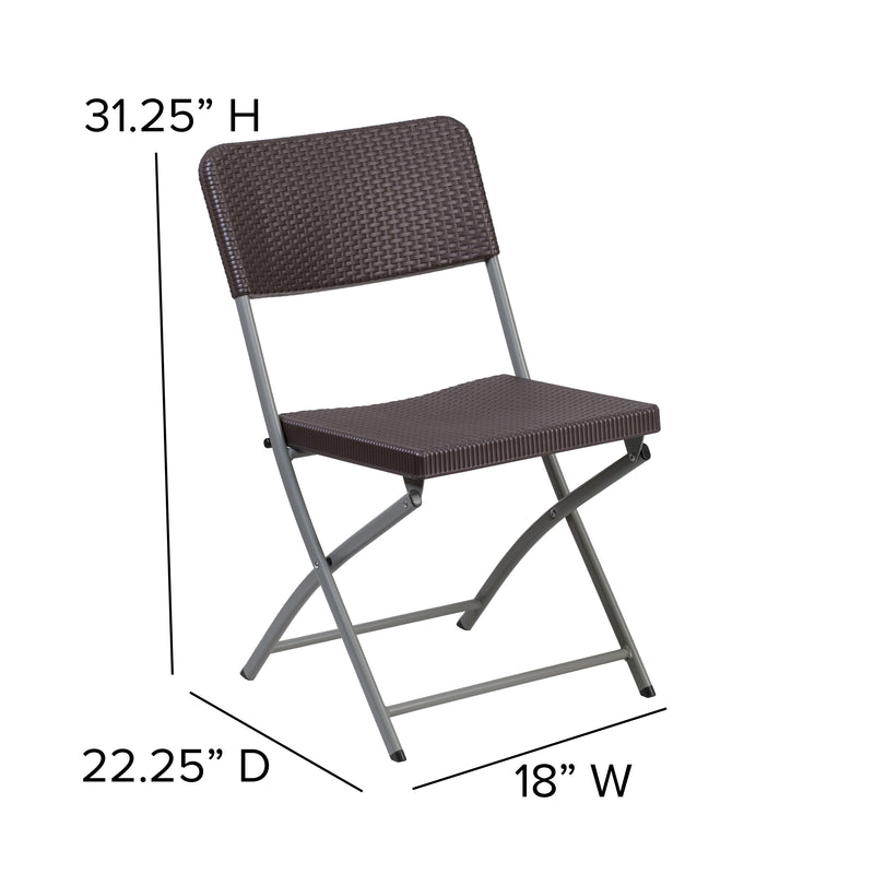 2 Pack SINGLEWAVE Series Brown Rattan Plastic Folding Chair with Gray Frame