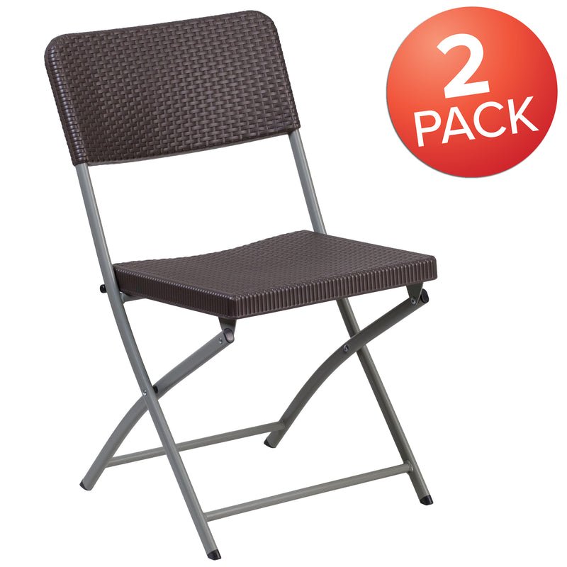 2 Pack SINGLEWAVE Series Brown Rattan Plastic Folding Chair with Gray Frame